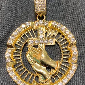 Gold Tone and Cubic Zirconia Praying Hands and Cross Circular Unisex Pendant